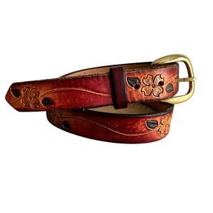 Vintage Tooled Leather Floral Brown belt Brass buckle Small